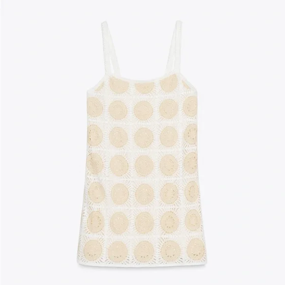 Zara Medium White and Tan Crochet Mini Summer | Boho Dress - Picture 1 of 9